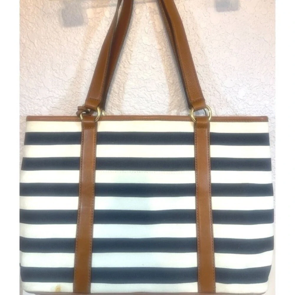Michael Kors Shoulder Bag Tote Purse Striped Navy White Tan Leather Nautical - Picture 2 of 11